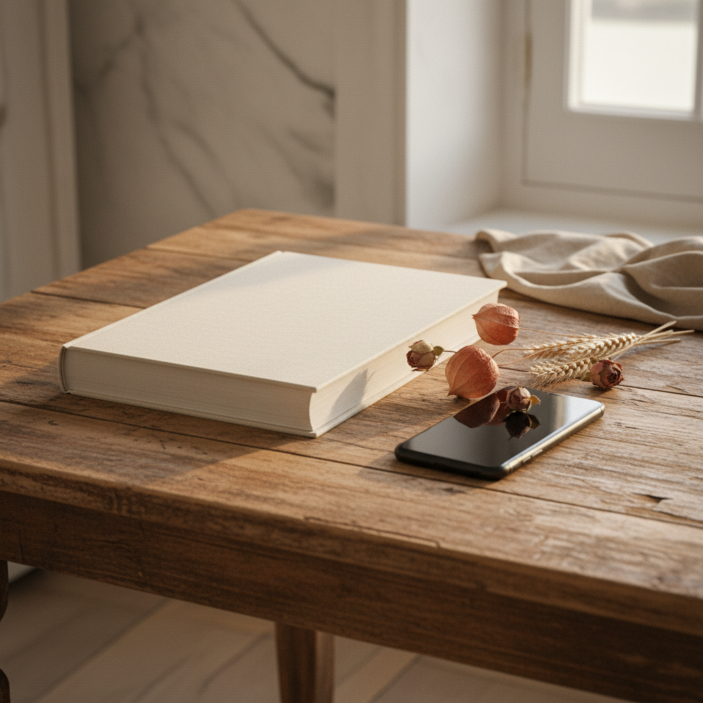 Livre relié ouvert sur une table en bois clair, photo de couple intégrée à une page chapitre, prénoms en titre