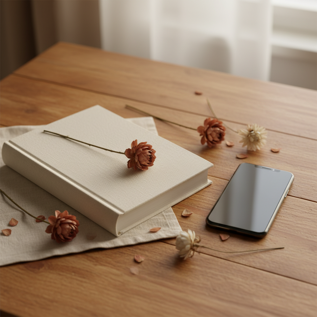 Livre relié posé sur une table en bois, lumière douce, ambiance éditoriale