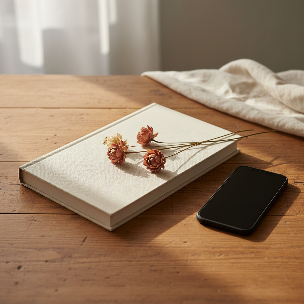 Livre relié posé sur une table en bois clair, lumière douce d'atelier