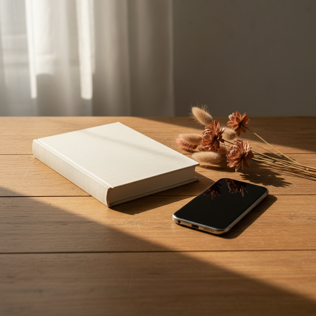 Livre relié posé sur une table en bois clair, papier crème, encre noire, ambiance feutrée