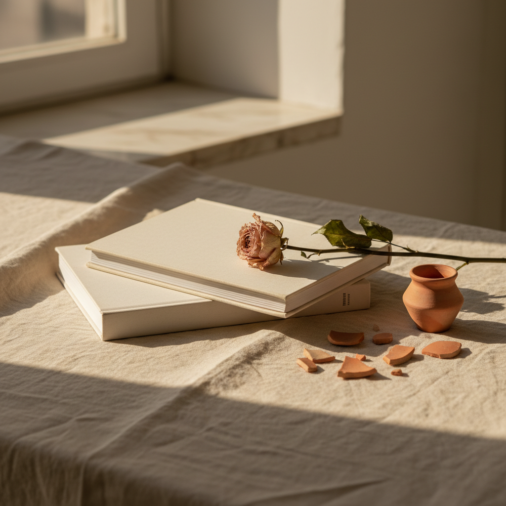 Livre fermé sur une table en bois clair, papier crème, ambiance feutrée