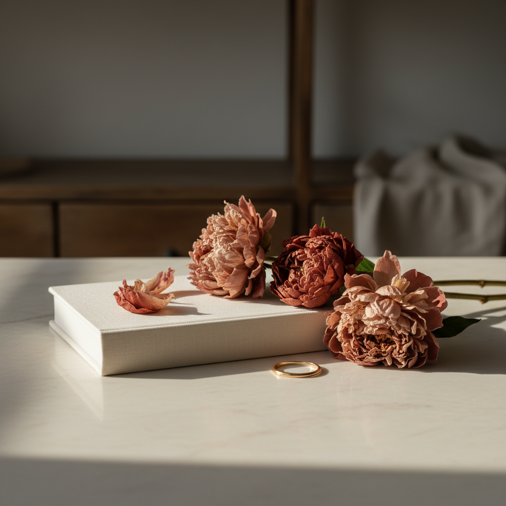 Tissu de lin naturel texturé avec un bouquet de fleurs séchées et deux alliances posées dessus
