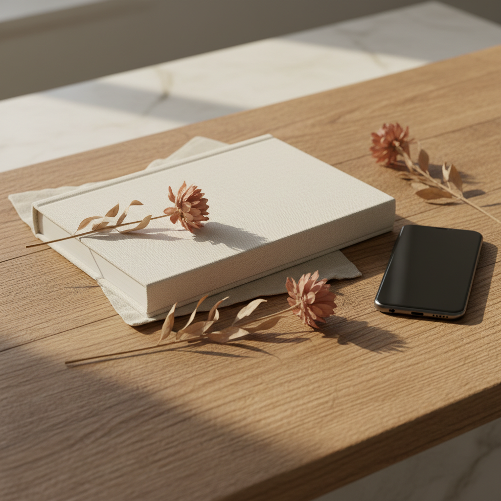 Smartphone Android posé sur une table, galerie photo ouverte montrant des images de souvenirs