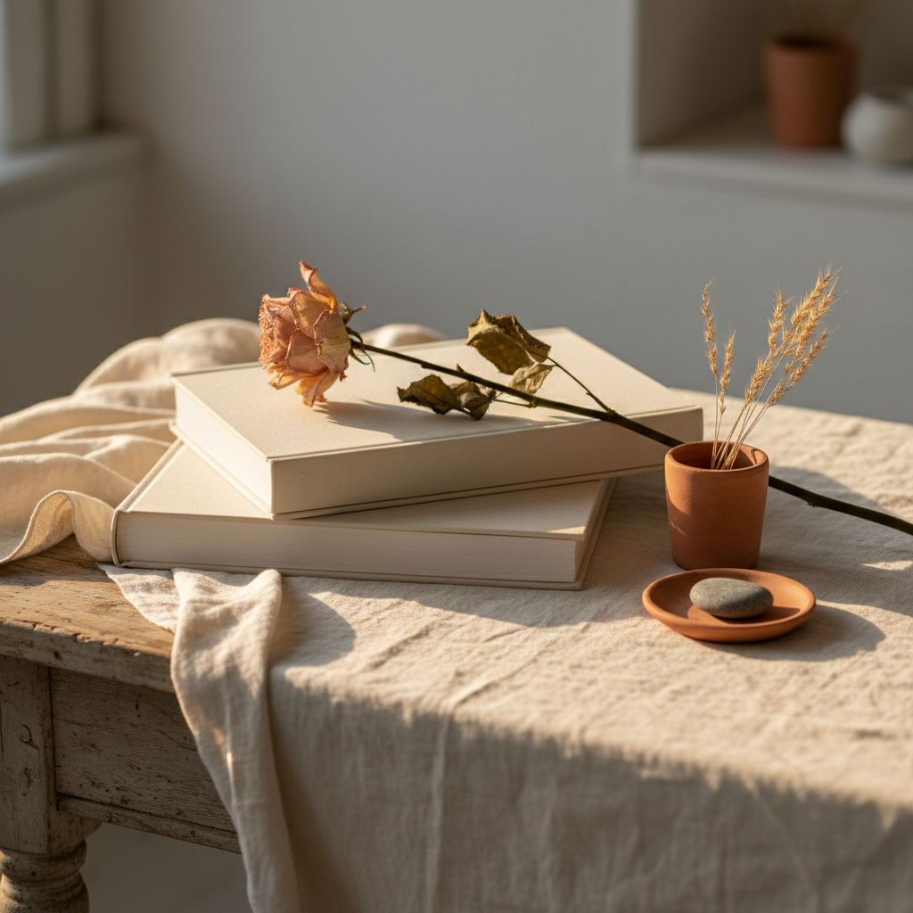 Livre relié posé sur une table en bois, lumière douce, ambiance éditoriale
