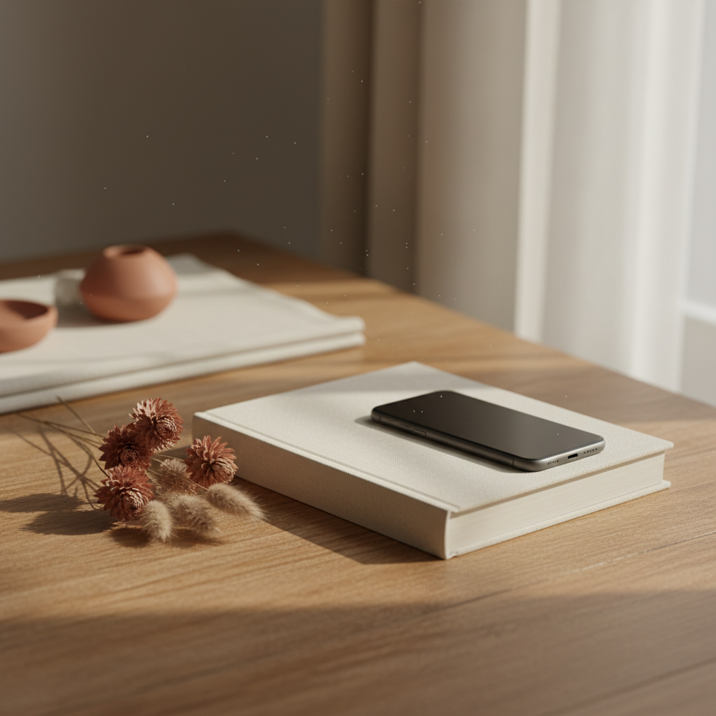 Livre relié ouvert sur une table en bois, pages crème avec récit chapitré et bulles Messenger intégrées
