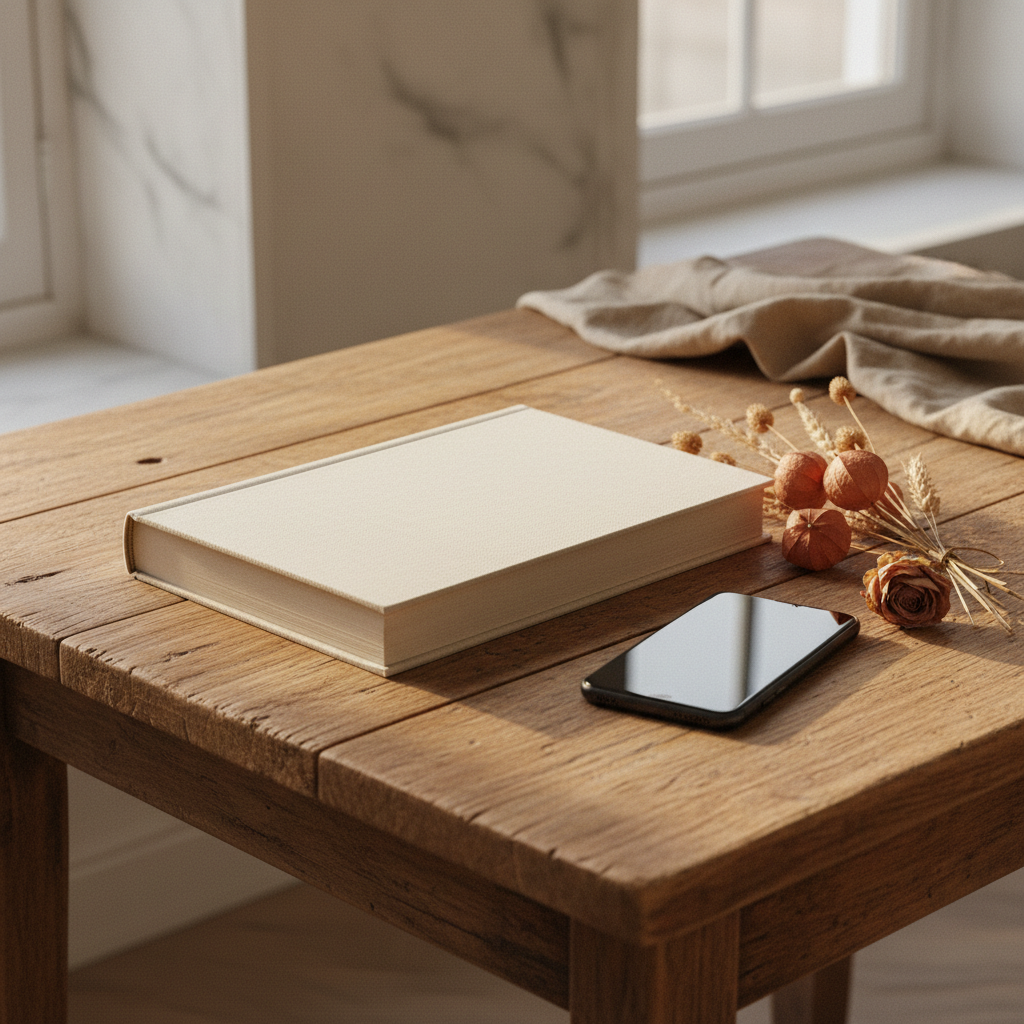 Album relié ouvert sur une table en bois, page chapitre avec bulles de messages intégrées, ambiance feutrée