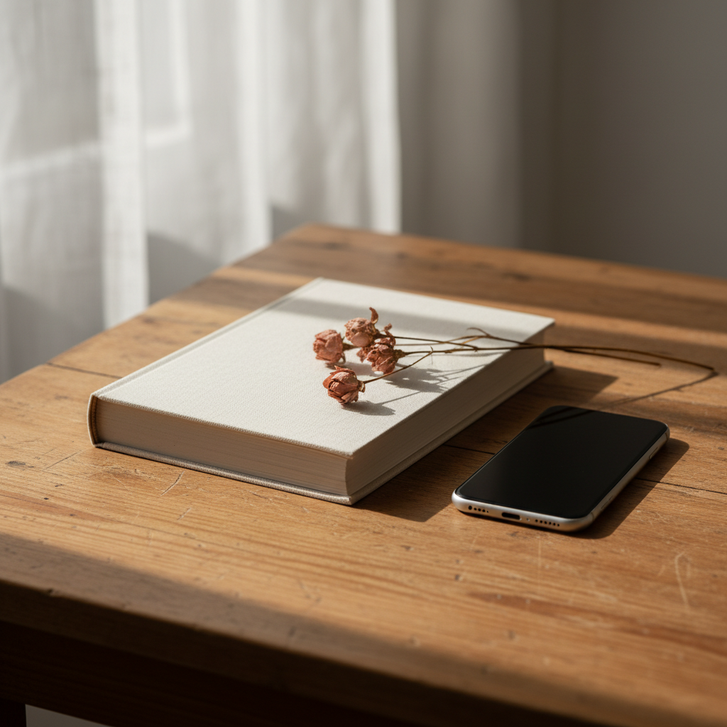 Livre relié posé sur une table en bois clair, papier crème, ambiance feutrée