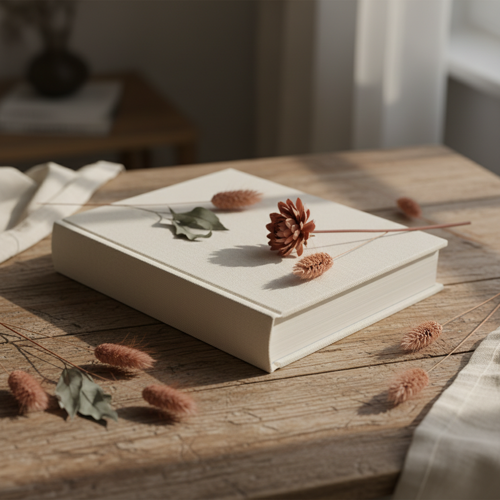 Livre relié de conversations posé sur une table en bois, papier crème, lumière éditoriale